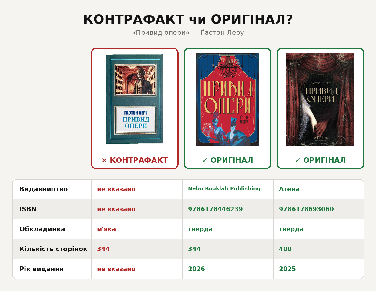 Порівняння контрафактного та оригінальних видань «Привида опери»